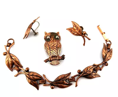 Vintage Solid Copper Owl Brooch Fall Leaves Panel Link Bracelet Earrings Set B2 • $28
