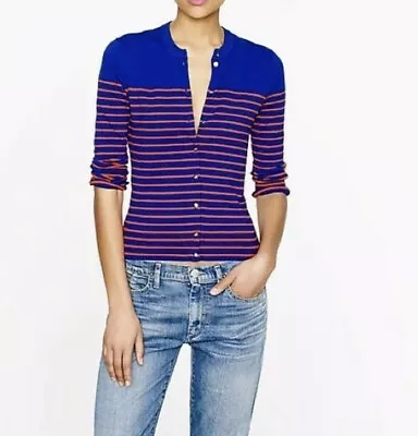 J. Crew Jackie Cardigan Sweater Gold Anchor Buttons Striped Sz Medium Thin Knit  • $35