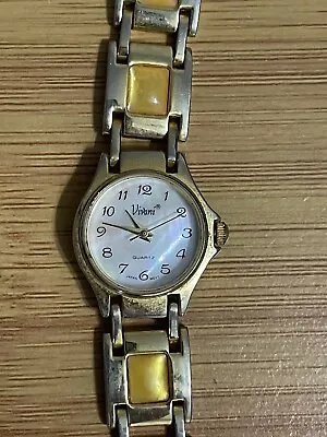 Vintage Vivani Accutime Gold Tone Bracelet Watch With Pearl Dial Gemmed Band! • $28.19