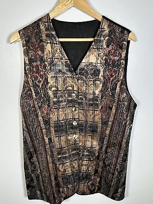 90s Vintage Marks & Spencer Waistcoat Size 16 Red Gold Taspestry Style • £15