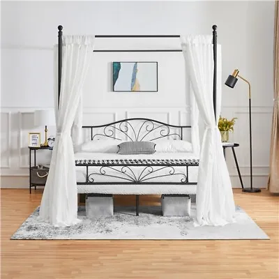 Double Bed Frame With Graceful Design Four-Poster Canopied Metal Platform Bed • £99.99