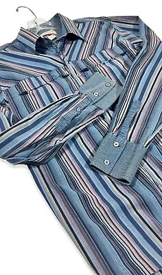 Rare Vintage Denim Friendly Men’s Multi-Blues Striped Dress Shirt L • $59.95