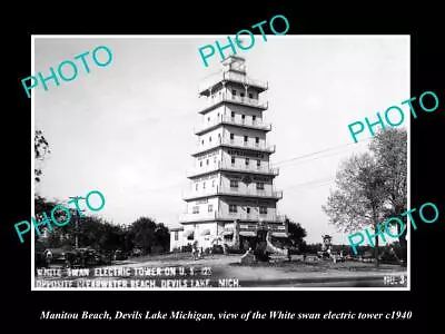 OLD HISTORIC PHOTO MANITOU BEACH DEVILS LAKE MICHIGAN WHITE SWAN TOWER C1940 • $5.52