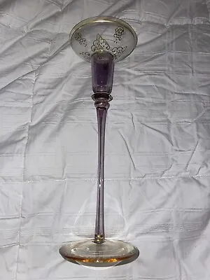 Vintage Venetian Glass Purple Gold Clear Glass Candlestick 12” Height • $26.49