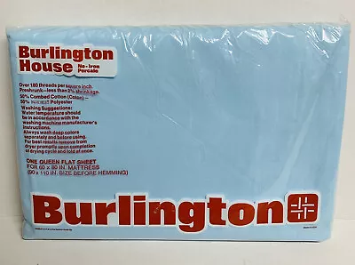 Vintage Burlington House No Iron Percale Queen Flat Sheet Blue Made USA NOS NEW • $19.99