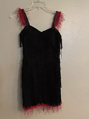 Black Womens Jrs S Fringe Flapper Sheath Stretch Mini Dress Small • $21.99