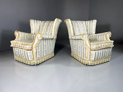 EB5569 Pair Danish 1970s Stripe & Floral Upholstered Armchairs Vintage VCLO • £275