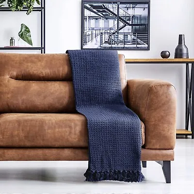 £10.45 • Buy 100% Cotton Waffle Honeycomb Throw Tassel Bed Chair Sofa Blanket Bedspread Navy