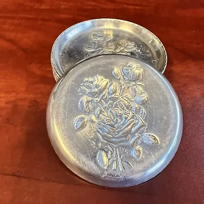 Vintage Set Of 8-Hammered Aluminum Coasters With Floral Pattern-Mid Century (c) • $15.99