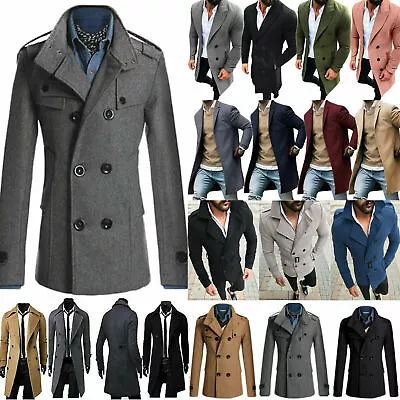 Mens Winter Warm Woolen Jacket Trench Coat Double Breasted Long Outwear Tops • $50.89