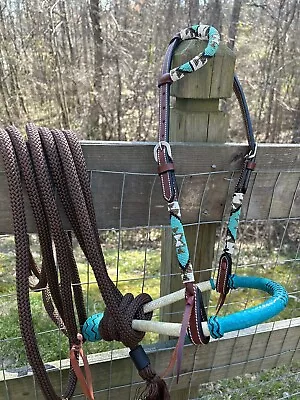 Beaded Bitless Hackamore Rawhide Bosal Mecate Complete Set New Horse Tack • $89.95