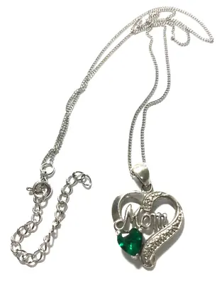 C^A Sterling Mom Heart Pendant Necklace Emerald & Diamond Chip • $24