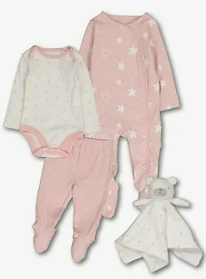 New Baby Girls Gift Set Starter Pack Pink 4pc Sleepsuit Set With Teddy Comforter • £12.99