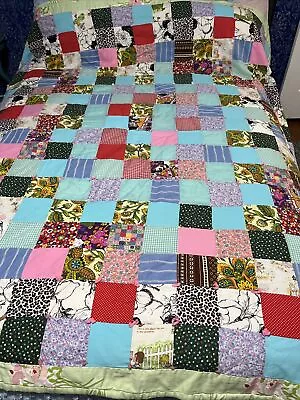 FABULOUS VINTAGE MATERIAL 4x4 SQUARES QUILT 76x84 BEAUTIFUL BACKING BEDSPREAD • $49.99