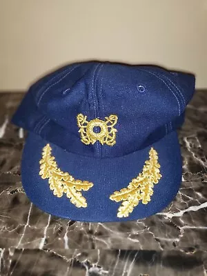 Vintage Captains Hat Blue White Trucker Cap Adjust-A-Tab USA Made Gold Leaf  • $21.50