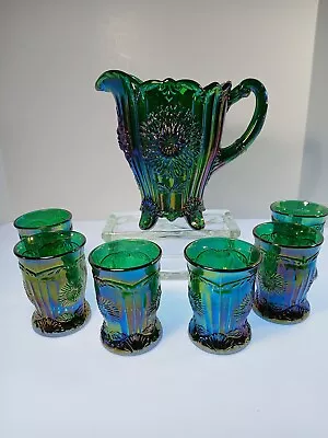 Mosser Dark Green Amethyst Carnival Glass Dahlia Water Pitcher & 6 Tumblers • $58