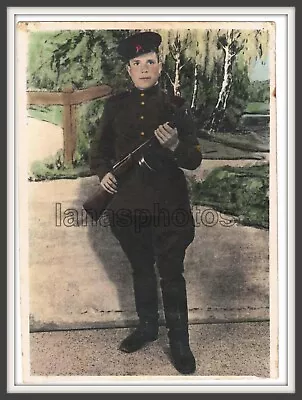 1948 Soldier Soviet Army Gun Painted Backdrop Hand Tinted Colored Arcade Photo  • $9.99