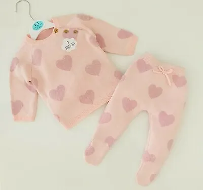 £7.95 • Buy Baby Girls George Knitted Outfit Pink Fluffy Hearts 2 Piece Jumper Trousers Set