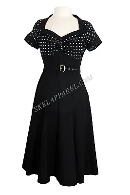 60's Vintage Retro Design Black White Polka Dot Flare Party Dress • $39.96