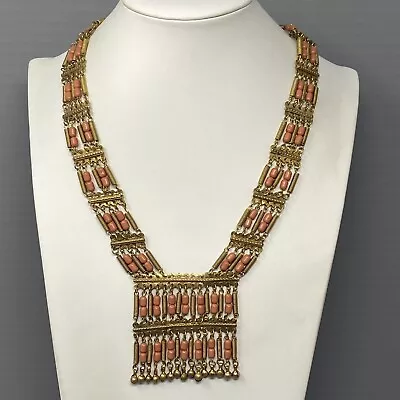 Brass Necklace Queen Orange Tribal Egyptian Revival Mummy Bead Protector 19  • $27