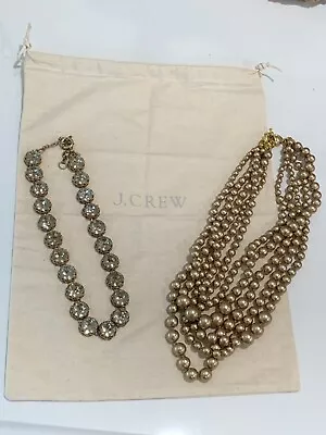 2 J Crew Necklaces And A Dust Bag - Round Crystal Choker + Multi Pearl Torsade • $39.99