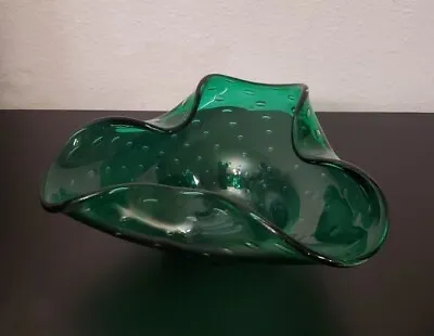 Murano Style Art Glass Bowl Green Controlled Bubbles Bullicante Dish Bowl 8  • $31.25