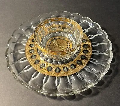 Vintage Culver Valencia 22kt Gold Clear Glass Chip Dip Plate Set • $39.11