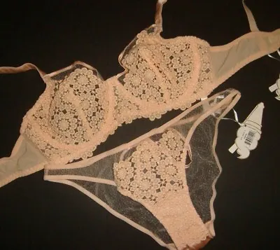 MIMI HOLLIDAY Unlined 36D BRA SET L Panty PUFFIN BEIGE PEACH FLORAL Embroidered • $119.99
