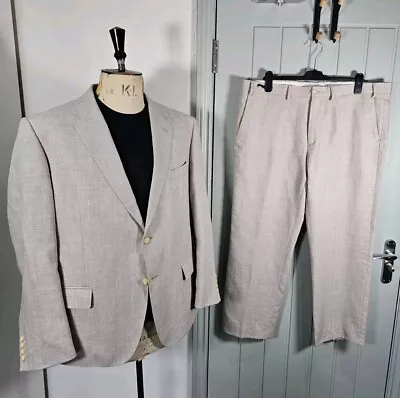 Marks And Spencer Linen Blend 2 Piece Suit Mens 46S Regular Beige Trousers 40x29 • £50