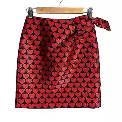 J. Crew Side Bow Faux Wrap Skirt In Jacquard Hearts 0 XS Extra Small Red Black • $27.99