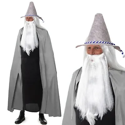 Adult Wizard Grey Halloween Fancy Dress Costume Film TV Beard & Wig Hat Cloak • £9.99