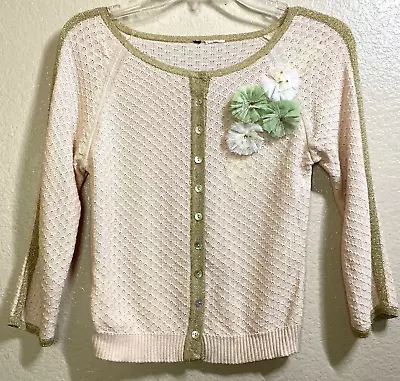 £13.34 • Buy Mixed Media Crop Sweater Size S Pastel Orange Cardigan Tulle Flowers Retro Pinup