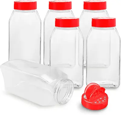 6 Pack 32 Oz Plastic Spice Jars With Red Cap Clear And Safe Plastic Bottle Cont • $22.31