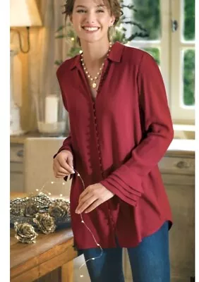 Soft Surroundings Large Poet Top Burgundy Boho Ruffle Sleeve Romantic Button Up • $28.95