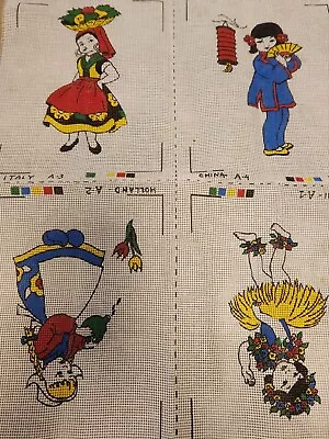 4 Vintage 10 Count Needlepoint Canvas Of Children. Each 8.5 X 11  When Cut • $49.99