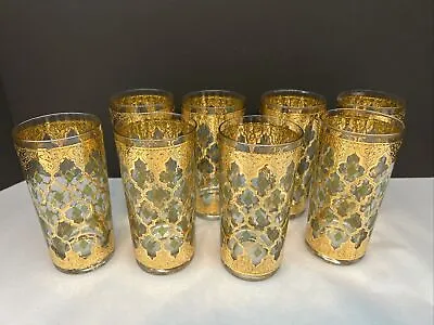 Vintage Culver Valencia 22 Kt Gold & Green Highball Glasses 5-5/8  Set Of 8 • $179