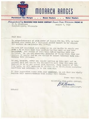 1946 Typed Letter Monarch Electric Ranges Beaver Dam Wisconsin Var 2 • $12