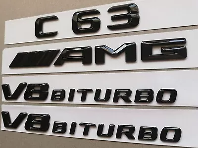 Gloss Black Mercedes C Class C63 Amg Rear Badges & V8 Biturbo Emblems • $24.90