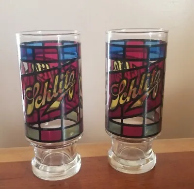 Vintage Pair Of 70s Schlitz Stained Glass Beer Glasses Anchor Hocking  • $19.99