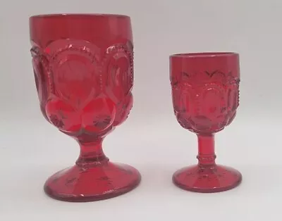 L E Smith Ruby Red Moon And Stars Wine Glass And Goblet • $28