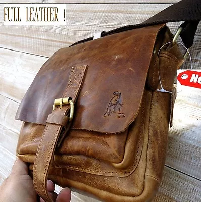 Genuine Vintage Hard Leather Shoulder Bag Messenger Man Ipad Cowhide Bull Id  • $69.99