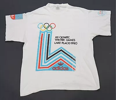 Rare Vintage ADIDAS XIII Olympic Winter Games Lake Placid 1980 T Shirt 80s SZ L • $79.99