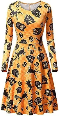 Halloween Pumpkin Vintage Women's Dress Long Sleeve Mid Length Orange Dress S • $15.99