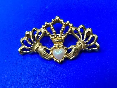 Vintage Avon Goldtone Brooch Pin Claddagh Hands Heart Crown Pearl Heart Bead • $12.20