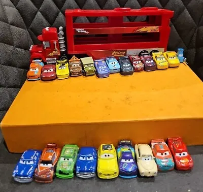 Disney Pixar Cars MINI 22 RACERS Bundle & MACK & LIGHTNING MCQUEEN TRUCK HAULER • £84.99