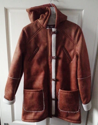 £18 • Buy Bellfield Brown Faux Sheepskin Coat Size 12 Hooded Jacket Duffle Coat NEW