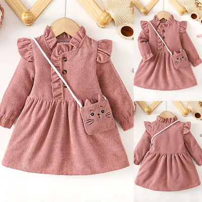 Newborn Kids Baby Girls Corduroy Ruffle Dress + Bags Long Sleeve Party Dresses • £3.99