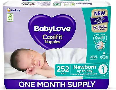 $100.99 • Buy Babylove 252 Piece (3 Pack X 84) 1 Month Supply Premium Cosifit Nappies Size 1 N
