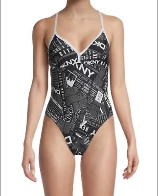 Dkny Graphic T-Back One-Piece Swimsuit - Newsprint Black White Large $108 • $24