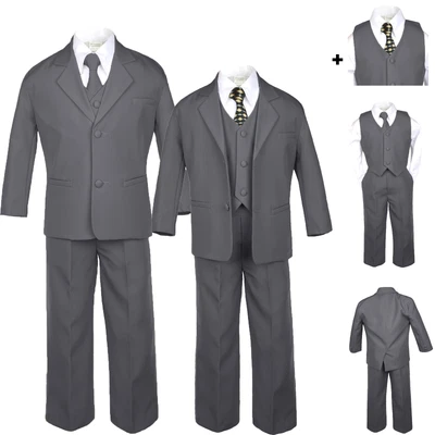 $57.99 • Buy Boy Baby Toddler Kid Teen Formal Wedding Dark Grey Tuxedo Suit + A Style #7 Tie
